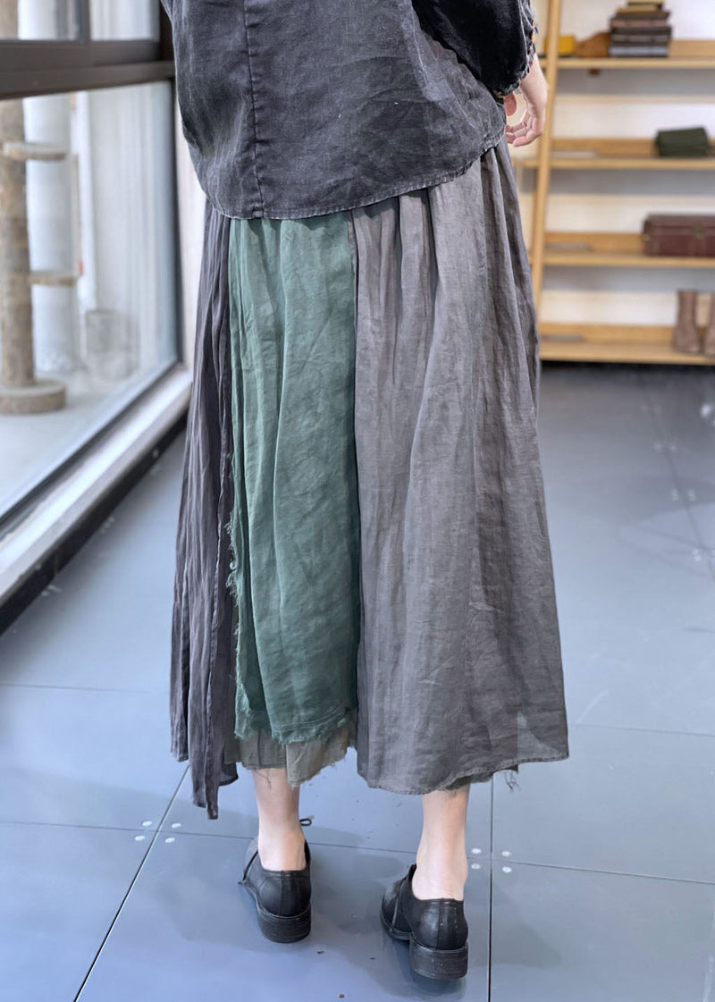 Grey Elastic Waist Asymmetrical Patchwork Linen Skirt Spring