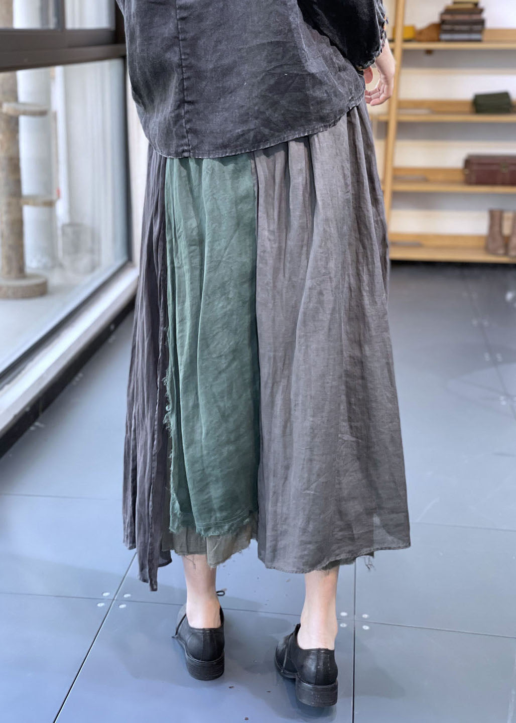 Grey Elastic Waist Asymmetrical Patchwork Linen Skirt Spring