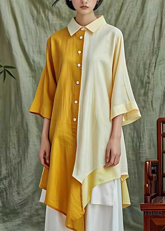 Yellow Asymmetrical Patchwork Button Maxi Shirts Fall