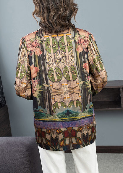V Neck Print Silk Top Long Sleeve