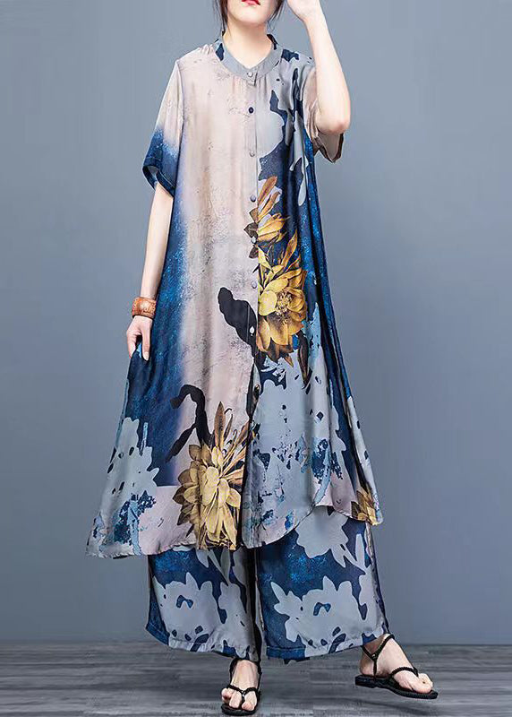 Blue Stand Collar Draping Print Silk Long Shirt and Wide Leg Pants Two Piece Suit Set Summer