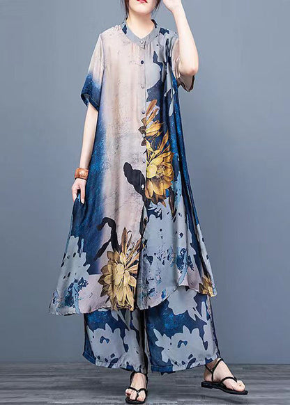 Blue Stand Collar Draping Print Silk Long Shirt and Wide Leg Pants Two Piece Suit Set Summer