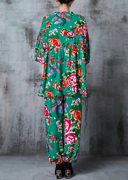 Green Print Cotton Retro Two-piece Set Oversized Summer