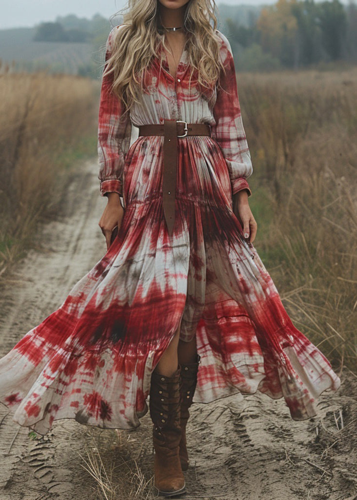 V Neck Tie Dye Cotton Pastoral Style Long Dress