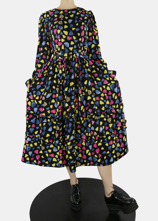 Unique Black O-neck Cinched Print Long Dresses Spring