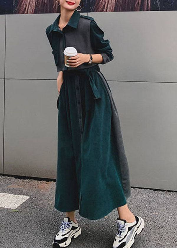 Blackish Green Patchwork Tie Waist Velour Sets 2 Pieces Fall