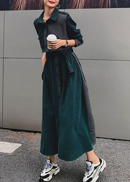 Blackish Green Patchwork Tie Waist Velour Sets 2 Pieces Fall