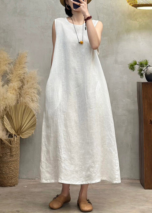 New White O Neck Pockets Linen Long Dress Sleeveless
