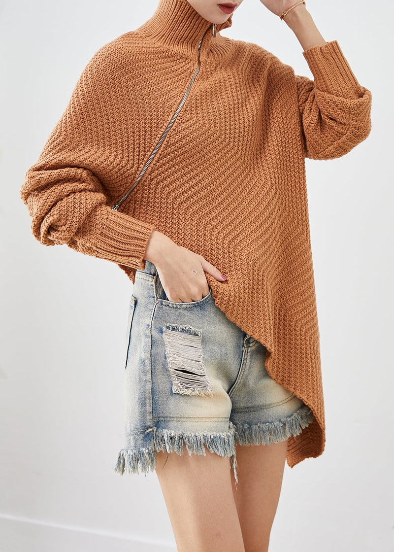 Brown Asymmetrical Zippered Knit Pullover Winter