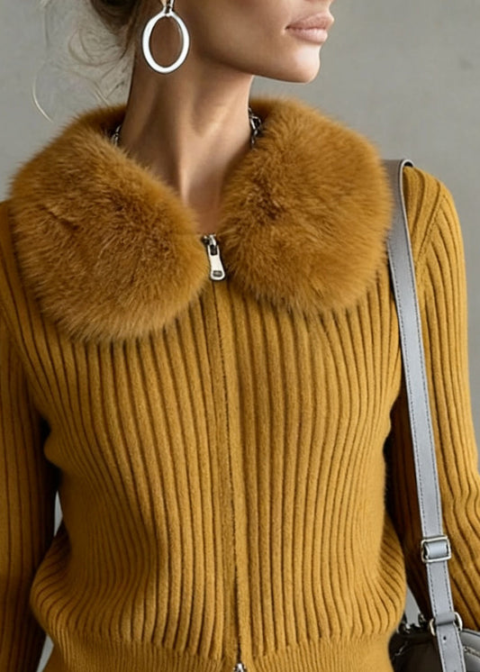 Ginger Yellow Fur Collar Double Zip Up Knit Coat