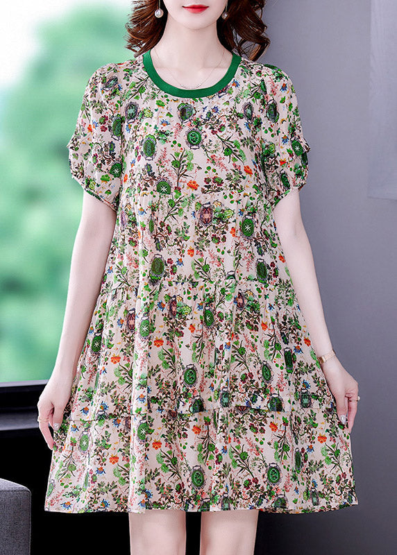 O-neck Print Wrinkled Chiffon Mid Dresses Short Sleeve