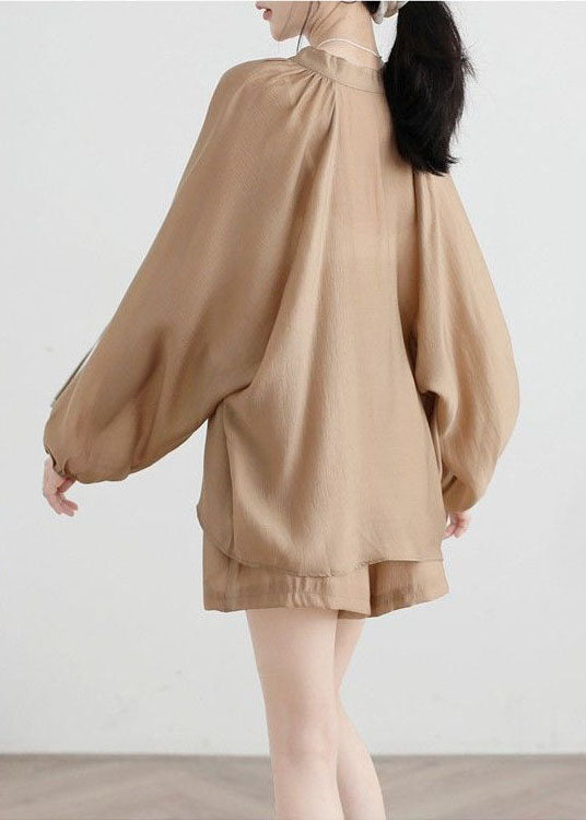 Khaki Stand Collar Color Cotton Two Pieces Set Summer