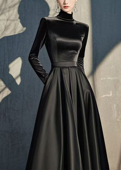 Slim Fit Navy Turtleneck High Waist Silk Velvet Dresses Fall