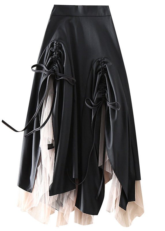 Green Asymmetrical Drawstring Patchwork Tulle Skirts Spring