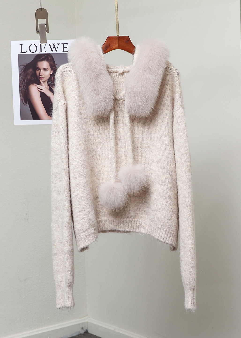 Fox Collar Fuzzy Ball Decorated Warm Knit Sweater Winter