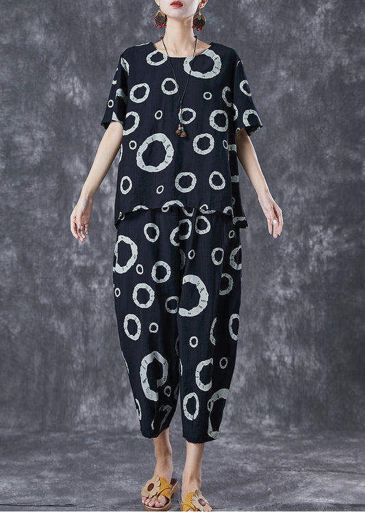 Black Print Cotton Tops and Pants Two Pieces Set Oversized Summer