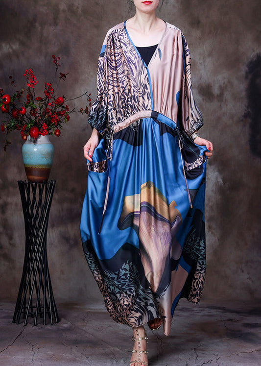 Blue V Neck Patchwork Print Drawstring Pockets Silk Dress Long Sleeve