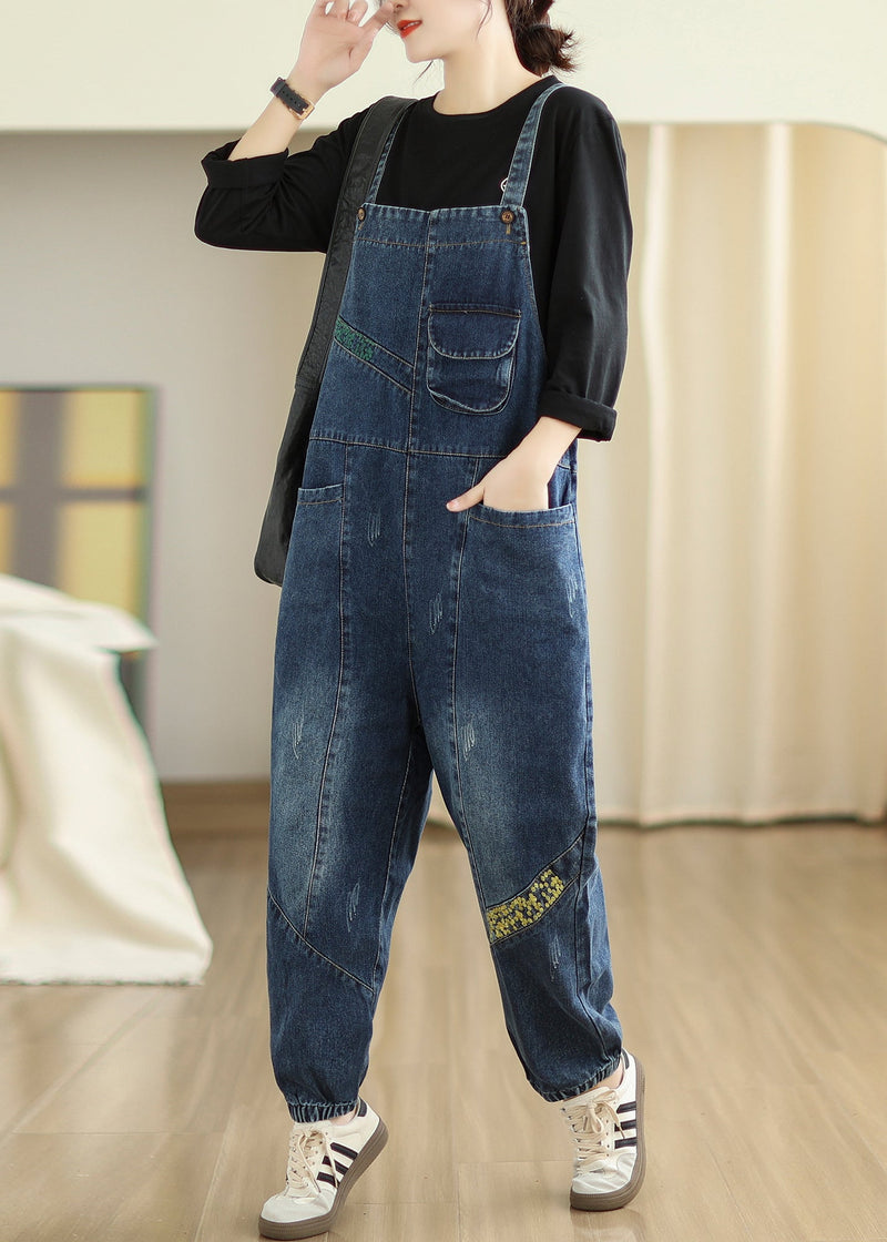 Diy Navy Embroideried Patchwork Denim Jumpsuits Spring