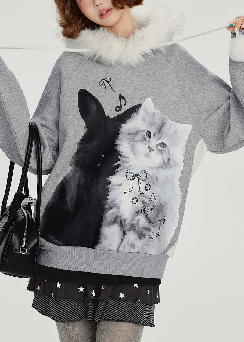 Italian Grey Hooded Print Cotton Pullover Winter