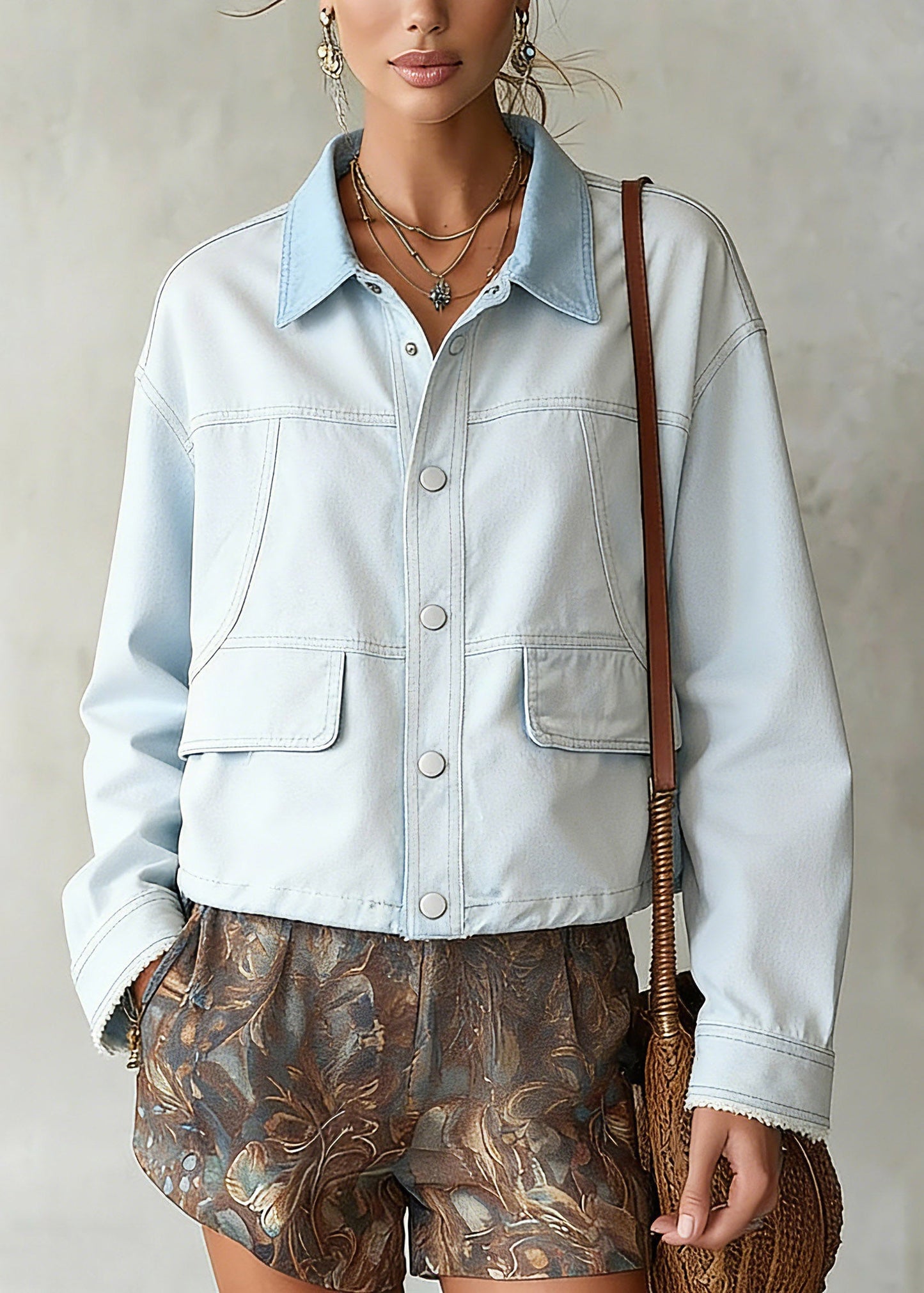 Simple Light Blue Peter Pan Collar Pockets Denim Coat Long Sleeve