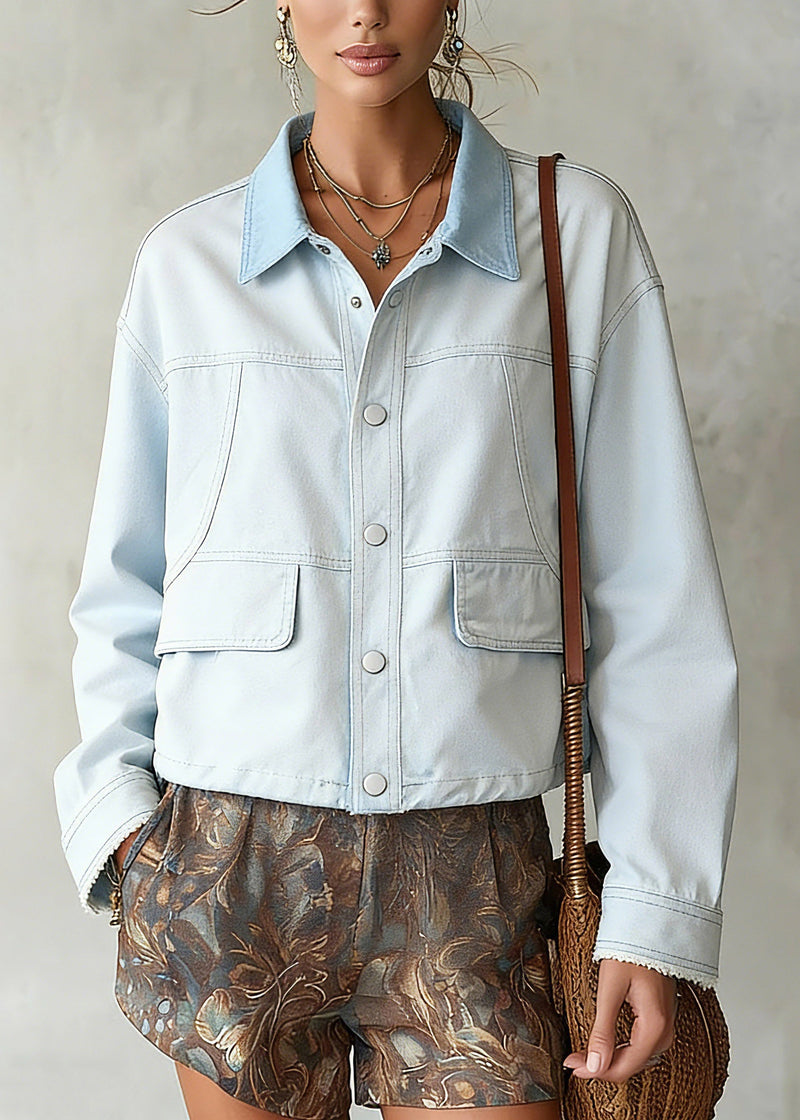 Simple Light Blue Peter Pan Collar Pockets Denim Coat Long Sleeve