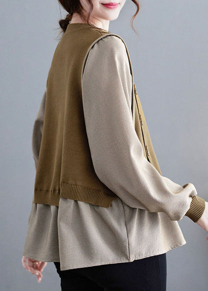 Modern Camel O-neck Knit Patchwork Top Fall