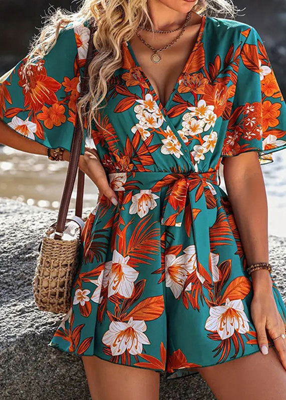 Green V Neck Print Lace Up Cotton Jumpsuit Butterfly Sleeve