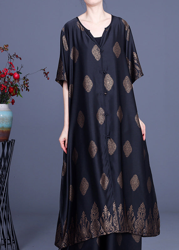 Black Side Open V Neck Silk Long Top and Pants Two Piece Set Outfits Summer