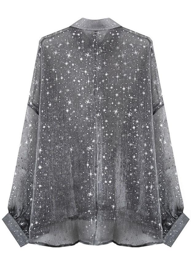 Grey Print Peter Pan Collar Button Blouse Top