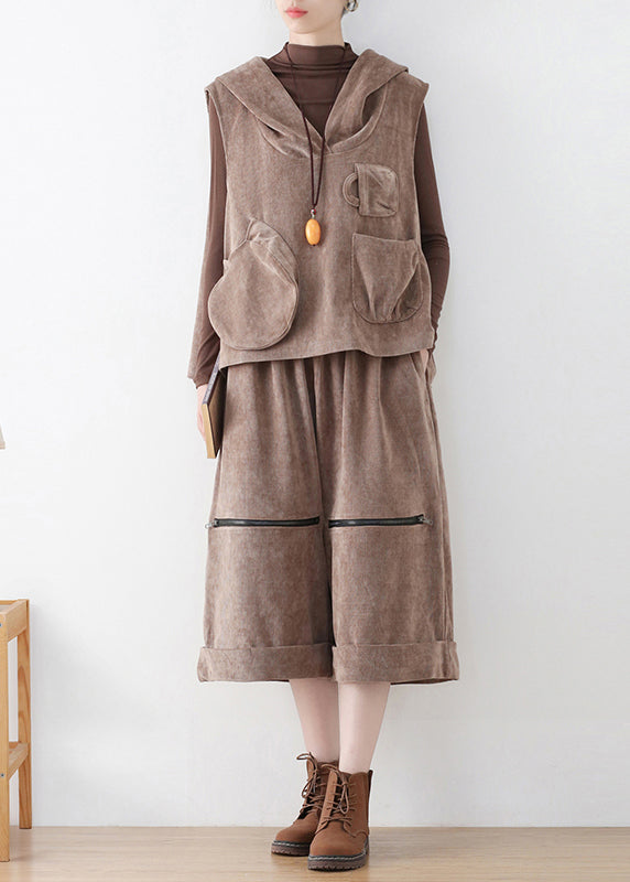 Khaki Velour Hooded Waistcoat and Crop Pants Two Pieces Set Fall