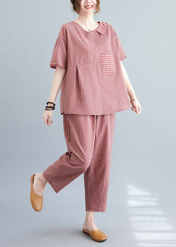 Red Plaid Asymmetrical Pockets Top and Crop Pants Two Pieces Set Summer
