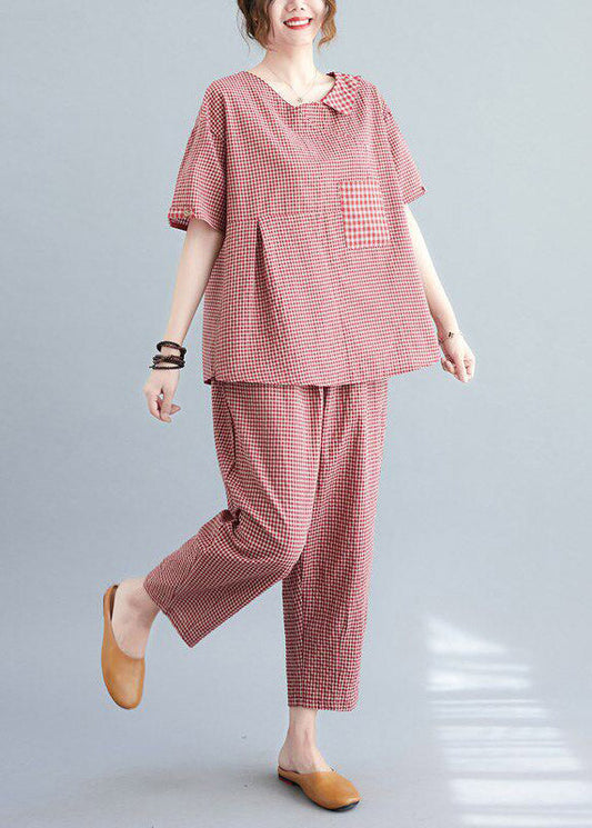 Red Plaid Asymmetrical Pockets Top and Crop Pants Two Pieces Set Summer