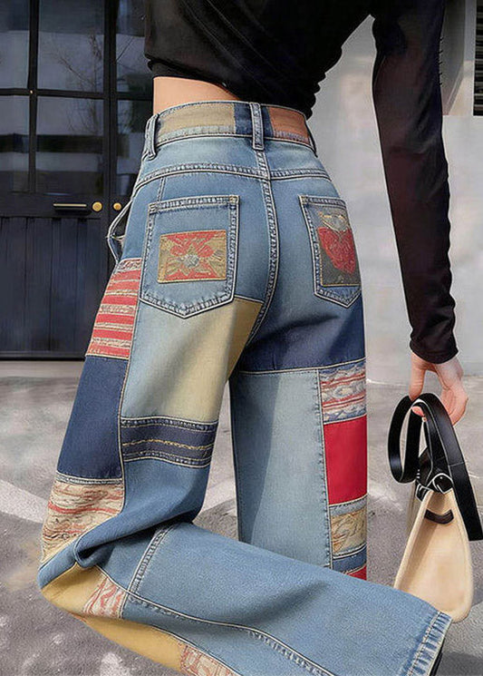 Blue Pockets Patchwork High Waist Wide Leg Jeans