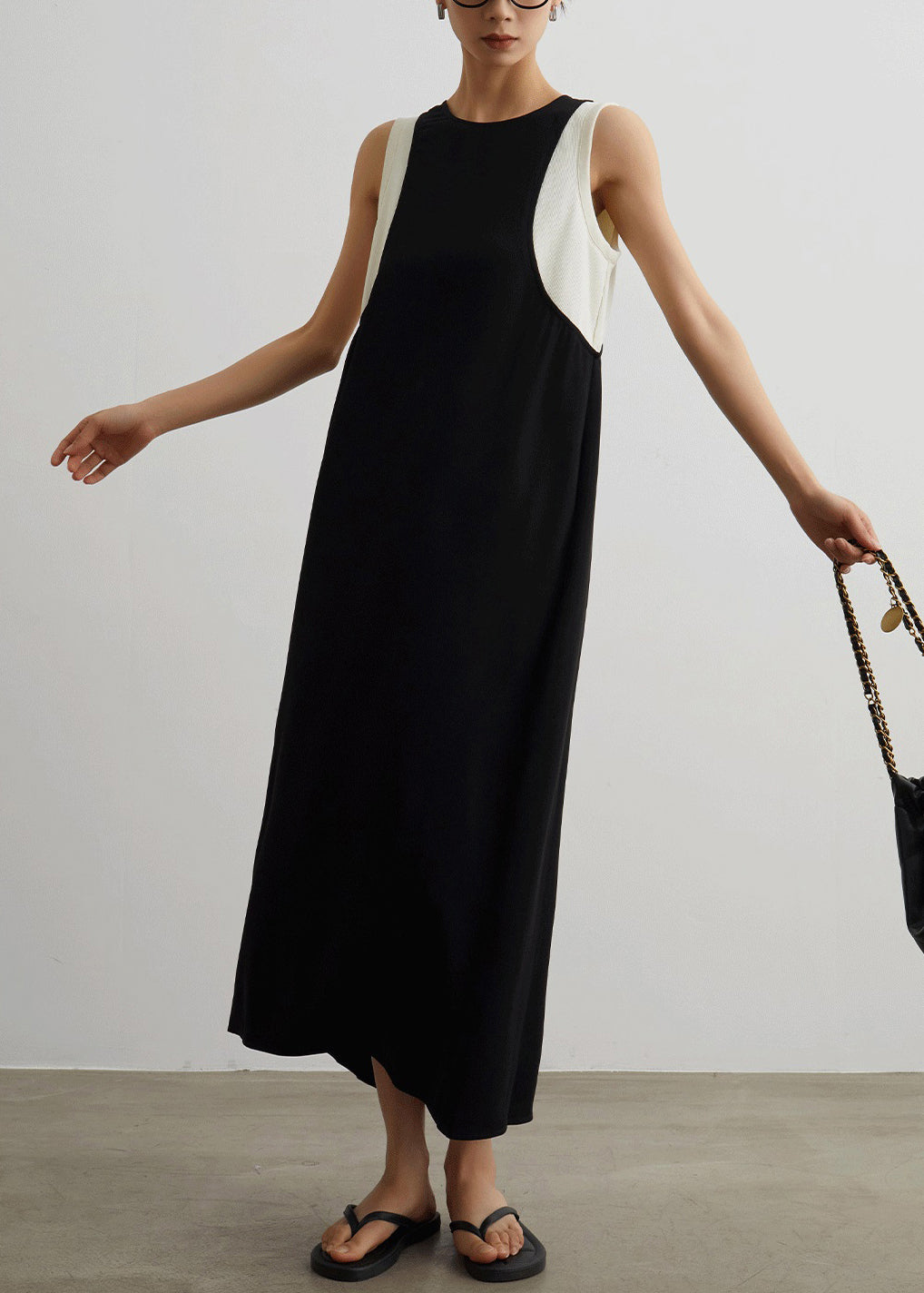 Black Pockets Patchwork False Two Pieces Cotton Long Dresses Sleeveless
