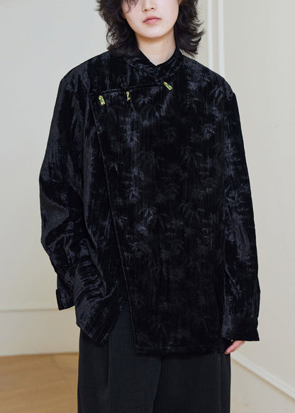 Black Stand Collar Button Silk Velour Shirts Fall