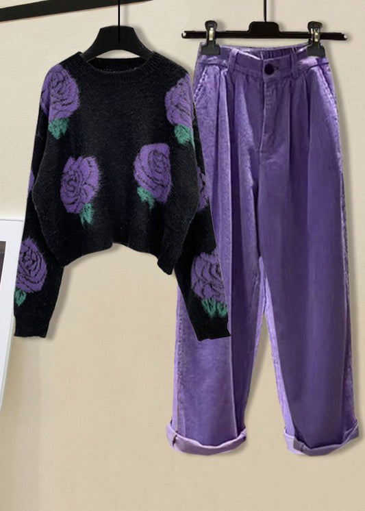 Black Print O-neck Cotton Knit Sweater and Straight Pants Two Pieces Set Spring
