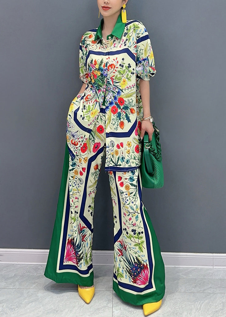 French Green Print Tops and Wide Leg Pants Cotton Two Pieces Set Summer