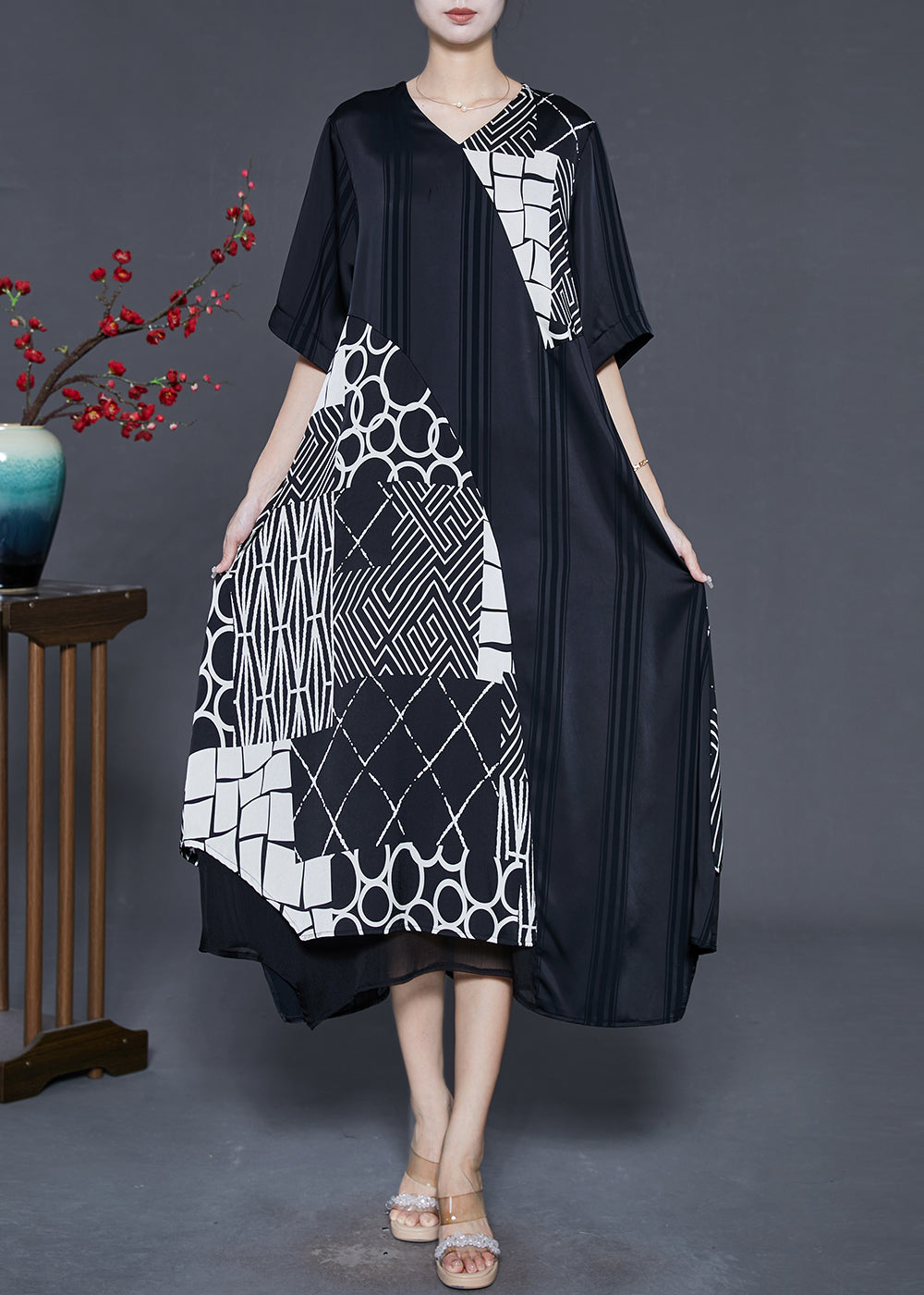 Black Asymmetrical Patchwork Silk Maxi Dresses Summer