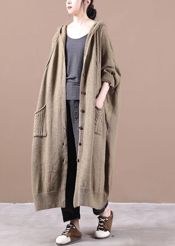 Khaki Button Pockets Fall Long Cardigans Coat