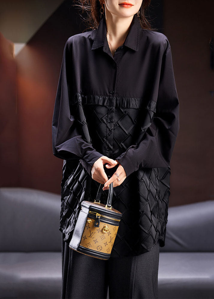 Italian Black Peter Pan Collar Ruffled Patchwork Plaid Shirts Spring