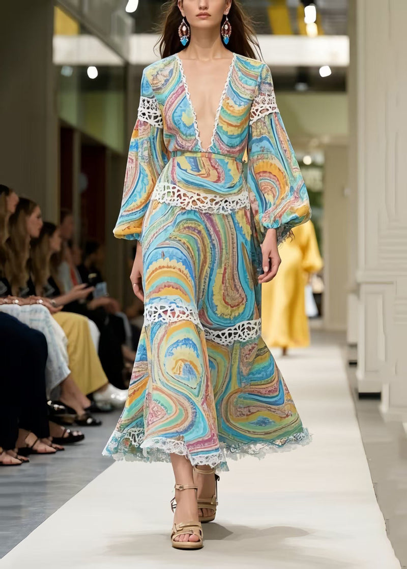 Print Patchwork Lace Long Dress Spring