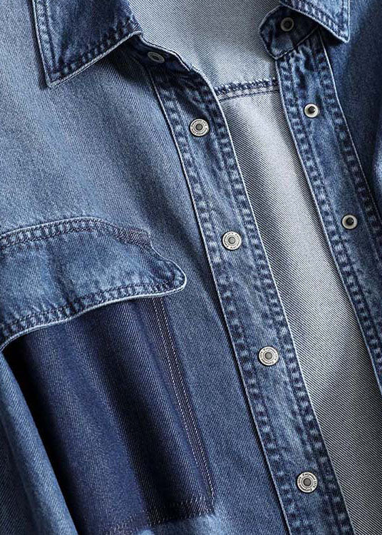 Blue Peter Pan Collar Button Patchwork Denim Shirts Fall