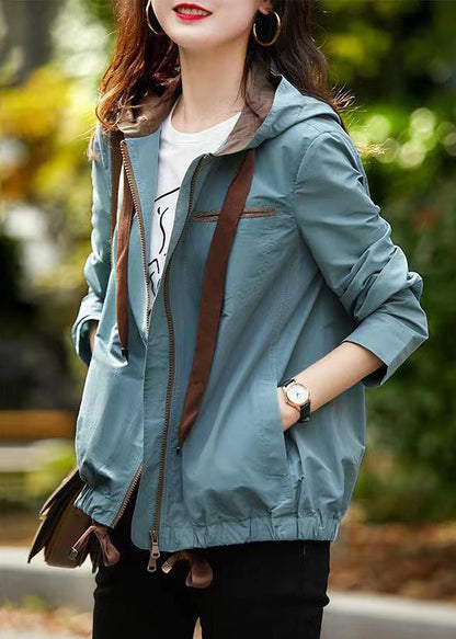 Blue Grey Hooded Zippered Pockets Cotton Coats Fall