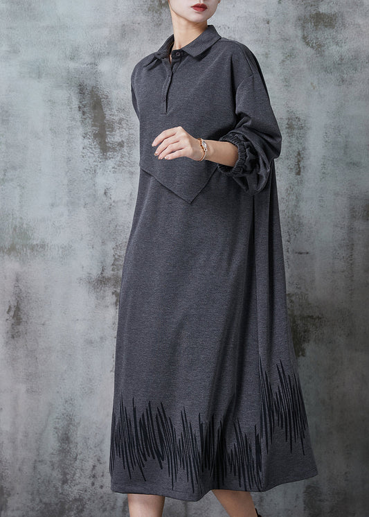Grey Peter Pan Collar Patchwork Cotton Maxi Dresses Spring