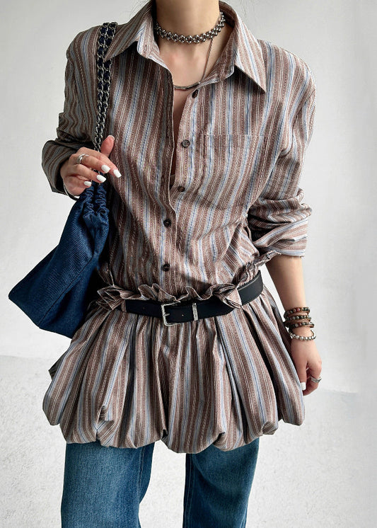 French Striped Ruffled Button Sashes Cotton Shirts Dress Fall