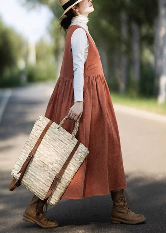 Orange Wrinkled Pockets Corduroy Vest Dresses Sleeveless