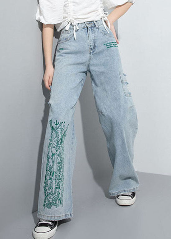 Natural Blue Hole Embroideried Pockets Wide Leg Pants Spring