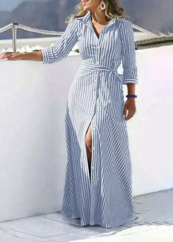 Black Striped Tie Waist Maxi Shirts Dress Three Quarter Sleeve