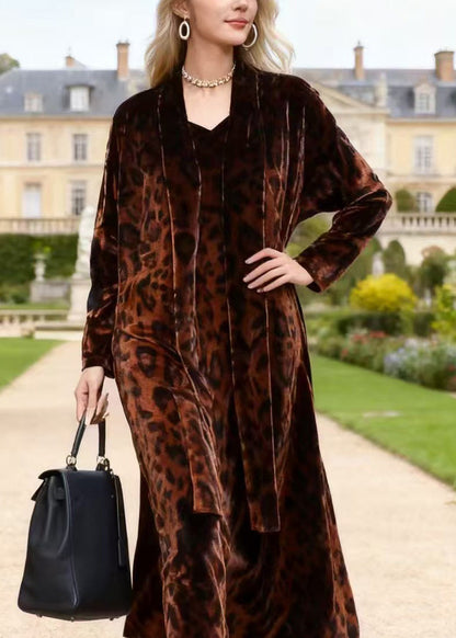 Coffee V Neck Leopard Print Velvet Dresses Spring