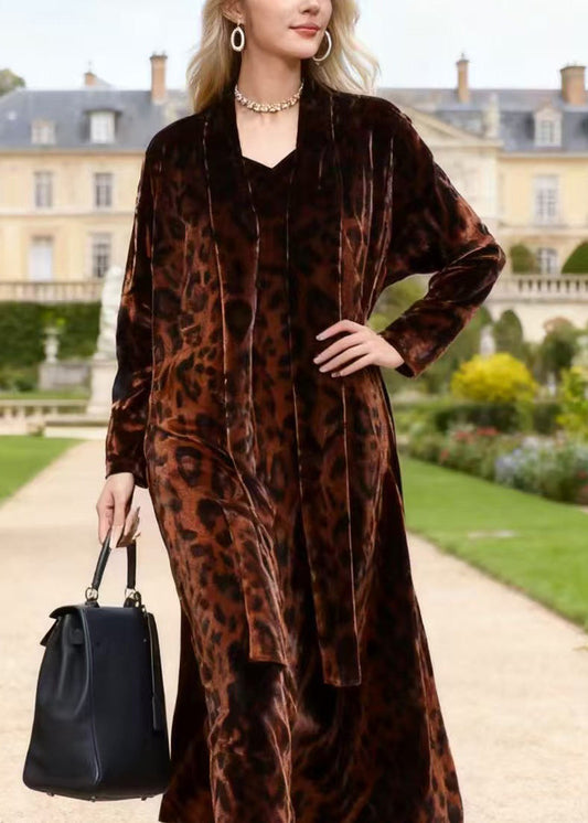 Coffee V Neck Leopard Print Velvet Dresses Spring